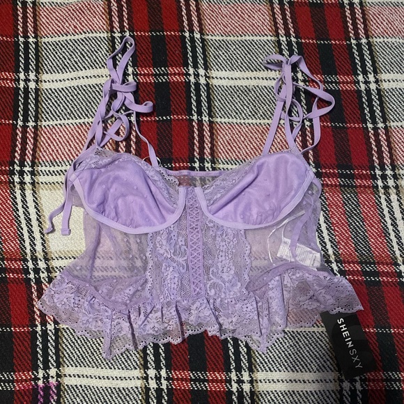 NWT shein sky plus lilac purple shoulder tie ruffle hem sheer crop top - 1X, 14 - Picture 3 of 8